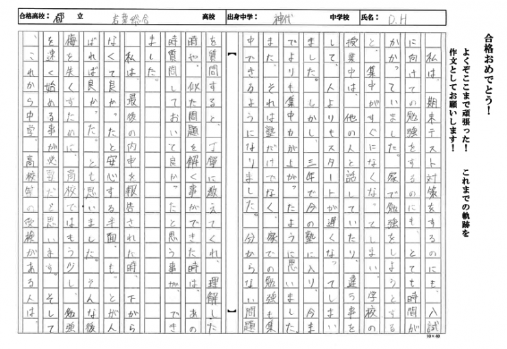 調布市立神代中学校 HDさん 都立府中西高等学校 合格!!