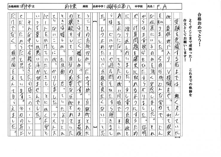 調布市立第八中学校　AFくん　都立府中東高校　合格!!